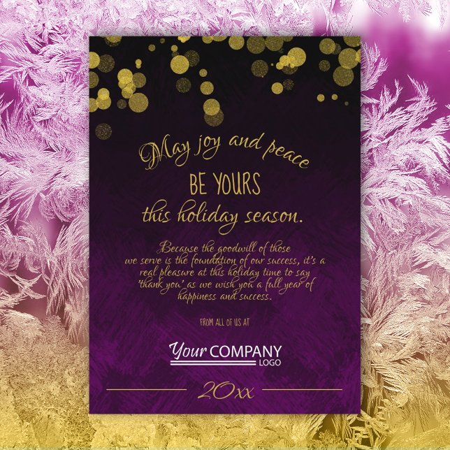 Gold, Black, Violet Company Christmas Card (dark plum purple violet gold shimmer lights gold script text company holiday christmas cards w/logo)