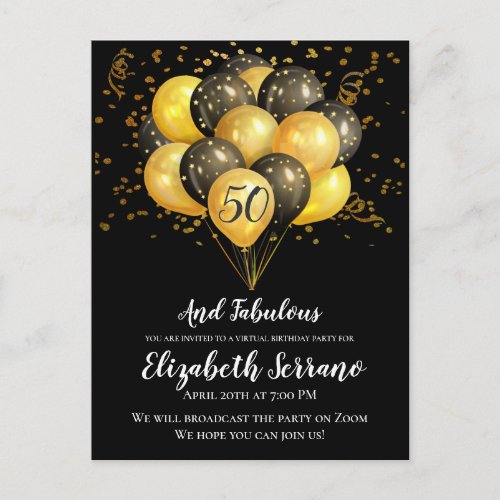 Gold Black Virtual 50th Birthday Party Postcard