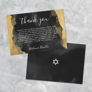Gold Black Watercolor Bat Bar Mitzvah Thank You Card