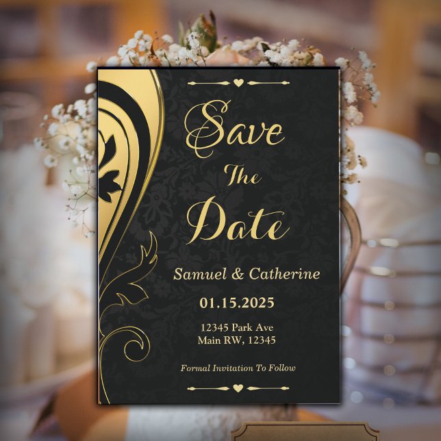 Gold Black Wedding And Anniversary Personalize Save The Date (Gold Black Save The Date Invite )