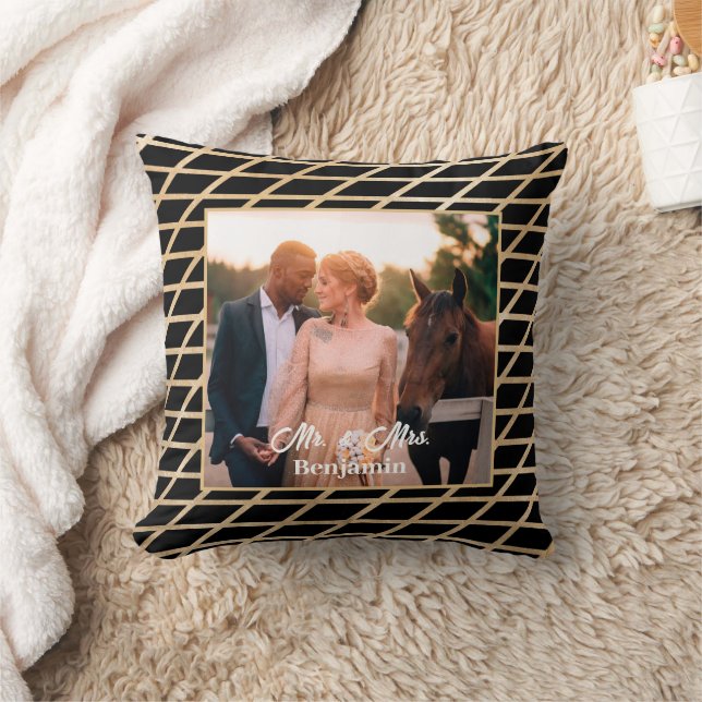 Gold Black Wedding Anniversary Photo Personalize Throw Pillow (Blanket)
