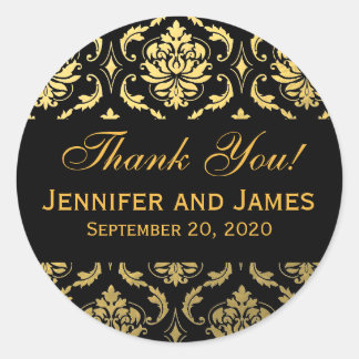 Gold Black Wedding Damask Thank You Label