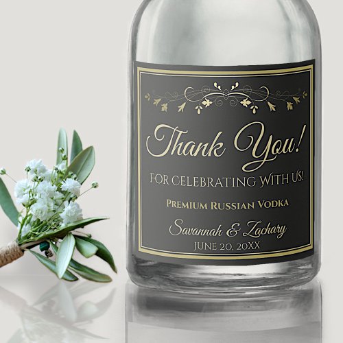 Gold  Black Wedding Liquor Bottle Label Thank You