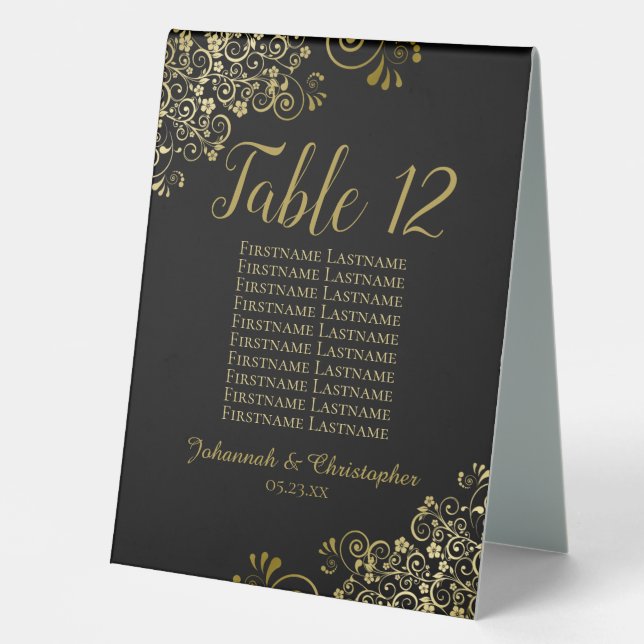 Gold & Black Wedding Table Number Seating Chart Table Tent (Front)