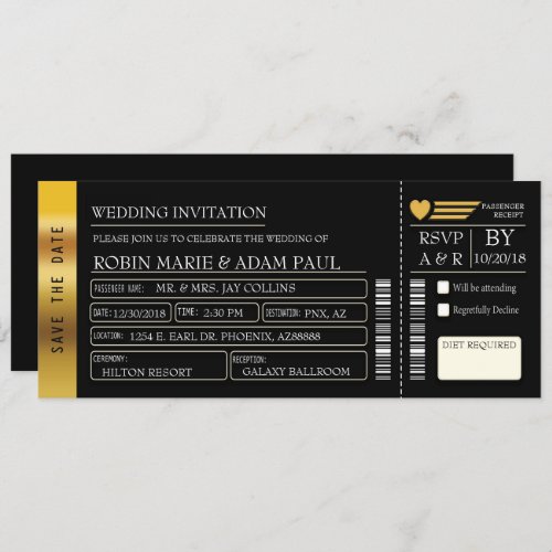 Gold  Black Wedding Ticket Invitation