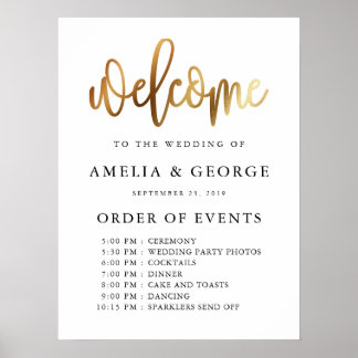 Gold black welcome order of events wedding sign