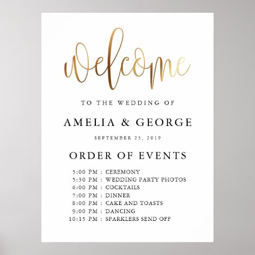 Gold black welcome order of events wedding sign