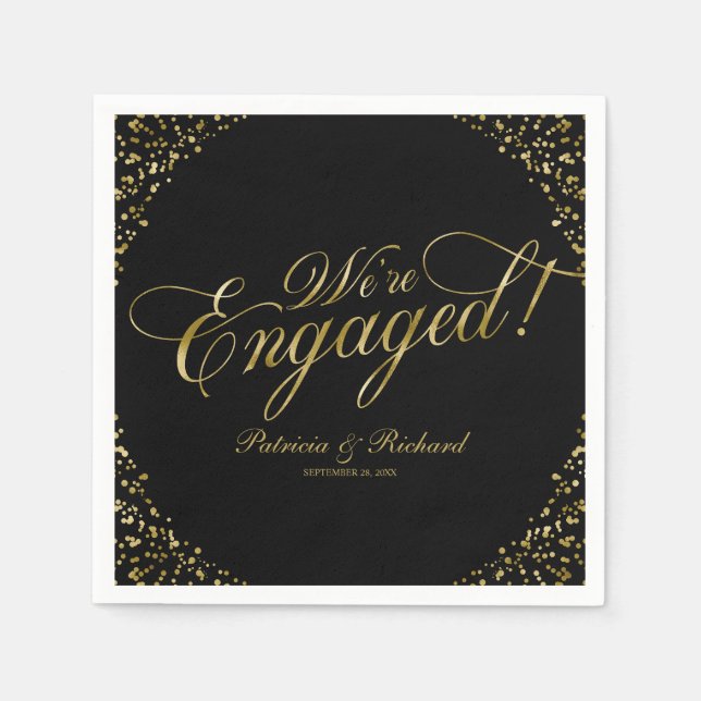 Gold Black We're Engaged Engagement Party Napkins (Front)