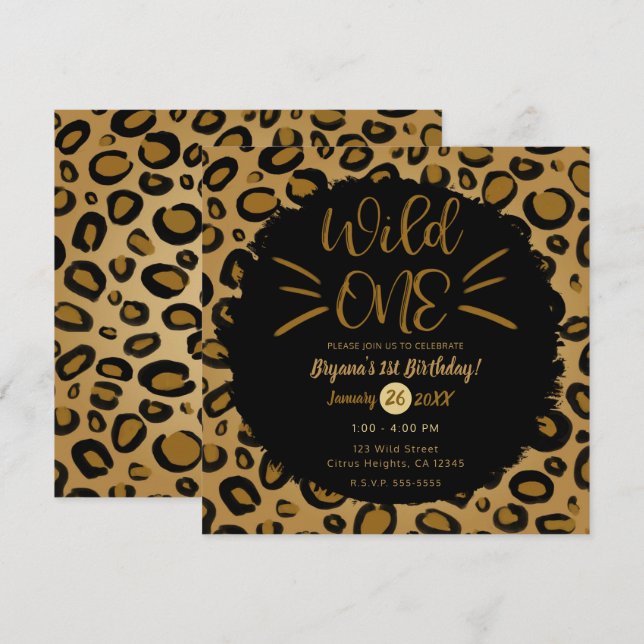 Gold & Black Whiskers WILD ONE 1st Birthday Party Invitation (Front/Back)