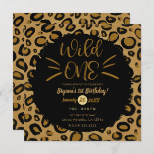 Gold & Black Whiskers WILD ONE 1st Birthday Party Invitation
