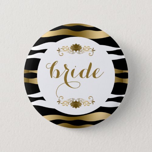 Gold Black  White Abstract Zebra Stripes Button