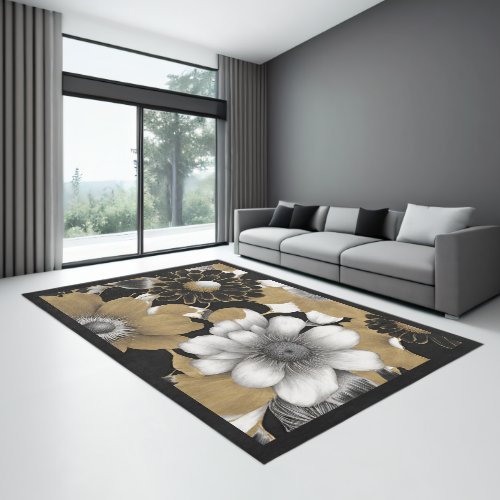 Gold Black White Bold Floral Modern Geometric  Rug