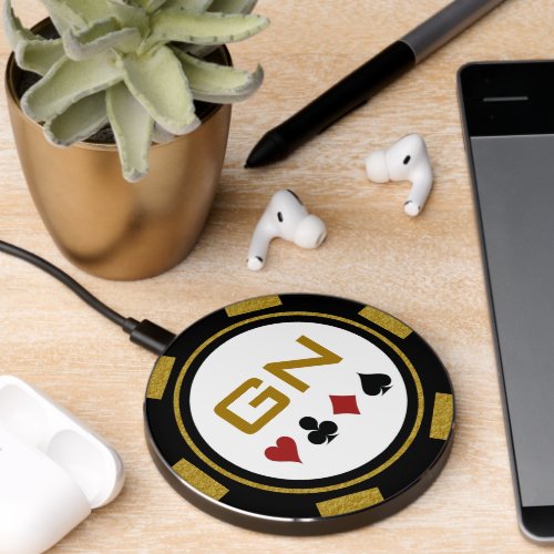 Gold Black White Casino Poker Chip With Initials Wireless Charger