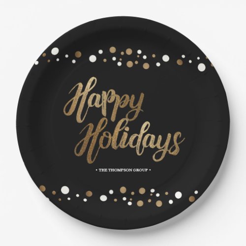 Gold Black White Confetti Corporate Holiday Party Paper Plates