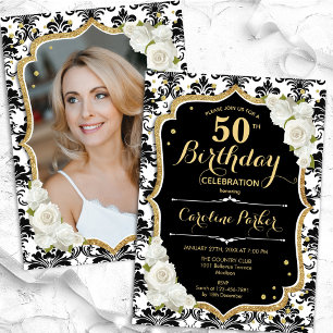Gold Black White Damask Photo 50th Birthday Invitation