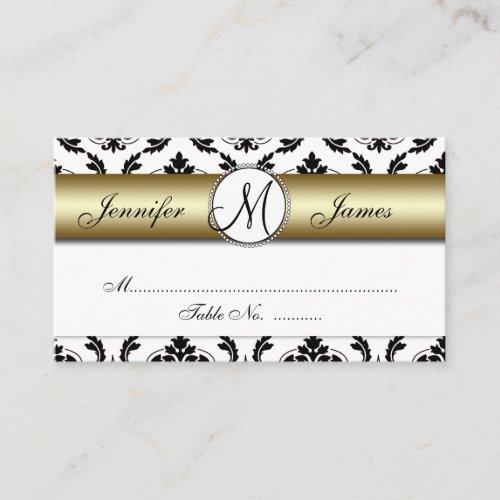 Gold, Black, White Damask Wedding Place Card Business Card Template