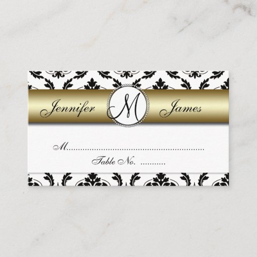 Customizable Gold, Black, White Damask Wedding Place Card Business Card Template