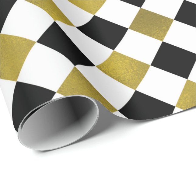 Gold, Black, + White Diamond Checkered Gift Wrap (Roll Corner)