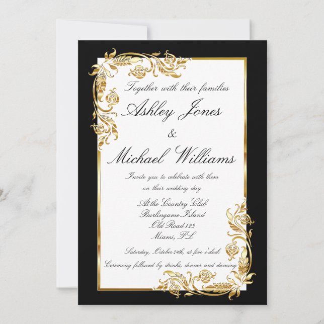 Gold Black White Elegant Glamorous Cordial Wedding Invitation (Front)