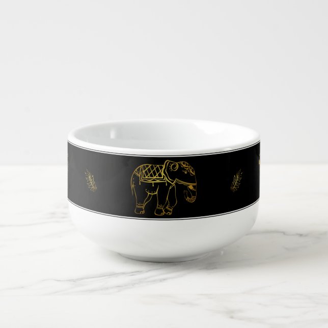 GOLD BLACK WHITE ELEPHANTS FLOWERS SOUP MUG (Front)