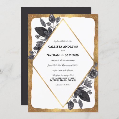 Gold Black White Floral Diamond Border Wedding Invitation