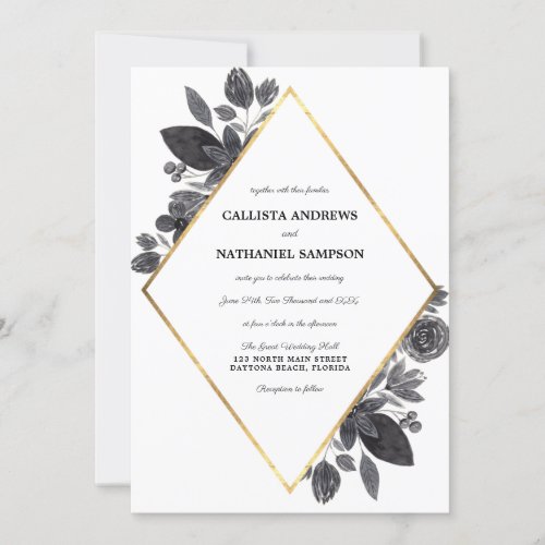 Gold Black White Floral Diamond Frame Wedding Invitation
