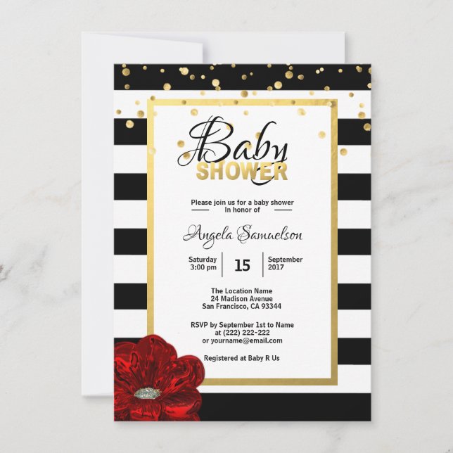 Gold Black White Floral RED Rose Baby Shower Invitation (Front)