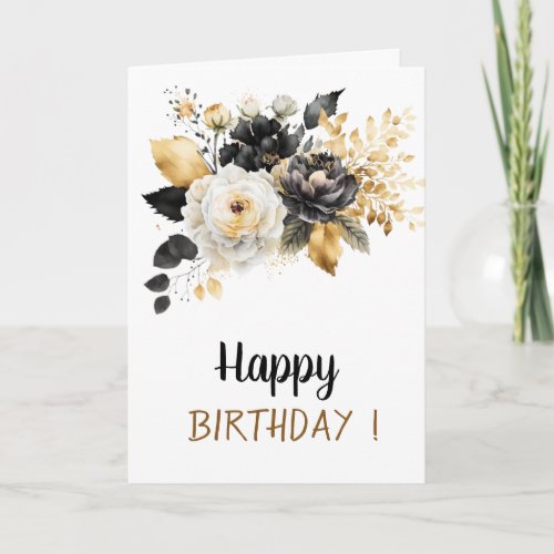 Gold Black White Flowers Birthday Card
