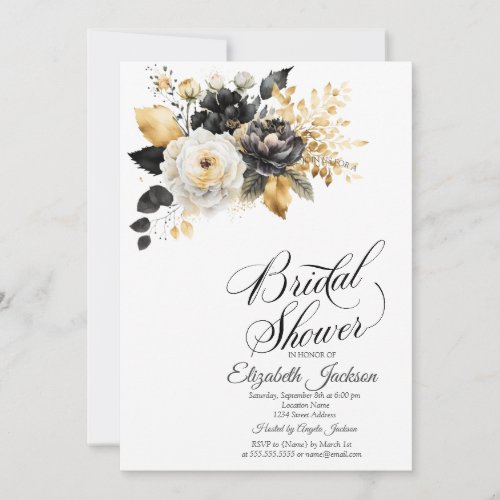 Gold Black White Flowers Bridal Shower Invitation