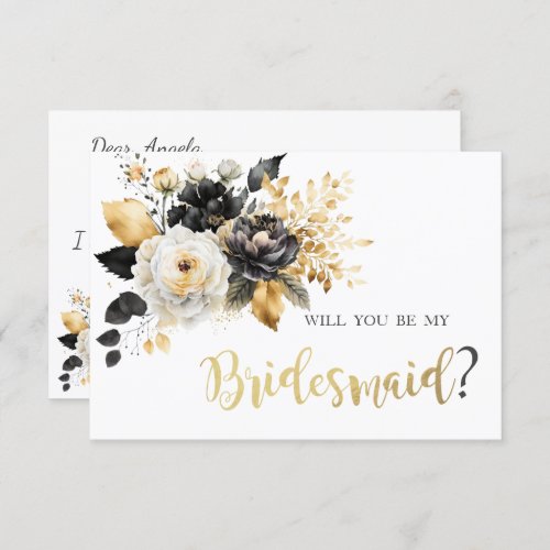Gold Black White Flowers Bridesmaid Card