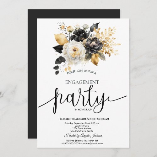 Gold Black White Flowers Engagement   Invitation