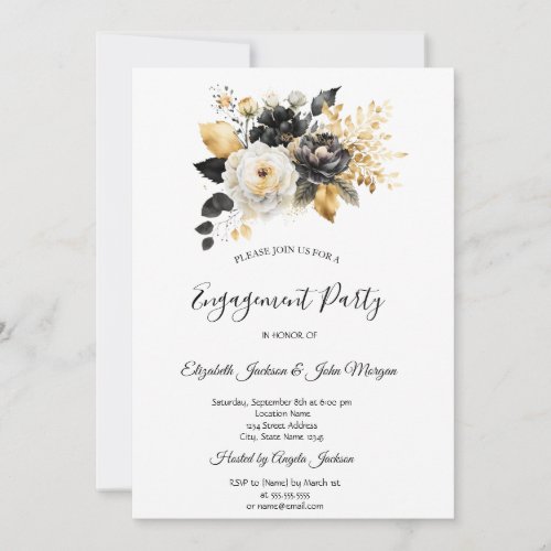 Gold Black White Flowers Engagement  Invitation