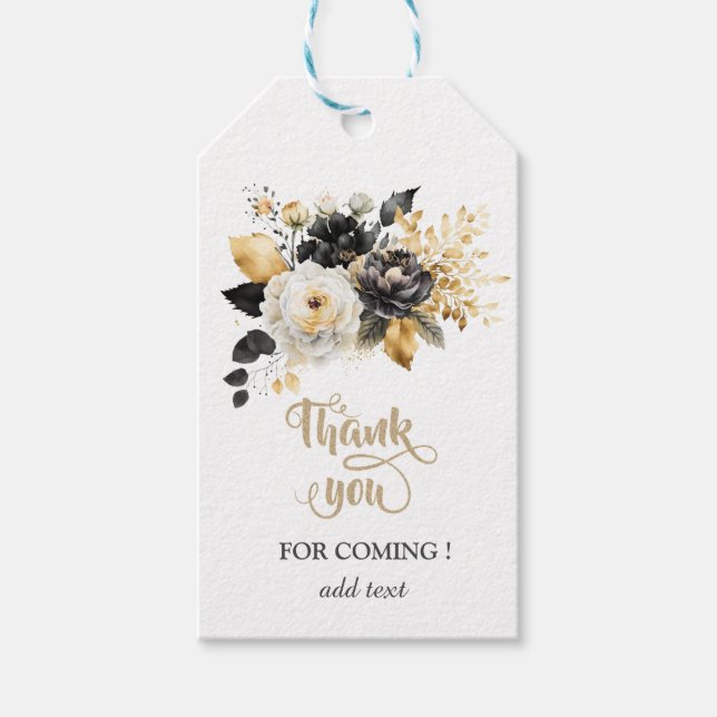 Gold Black White Flowers Gift Tags (Front)