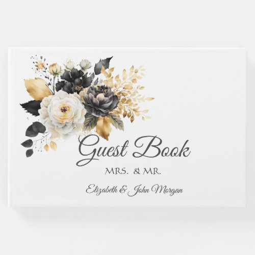 Gold Black White Flowers Guest Book