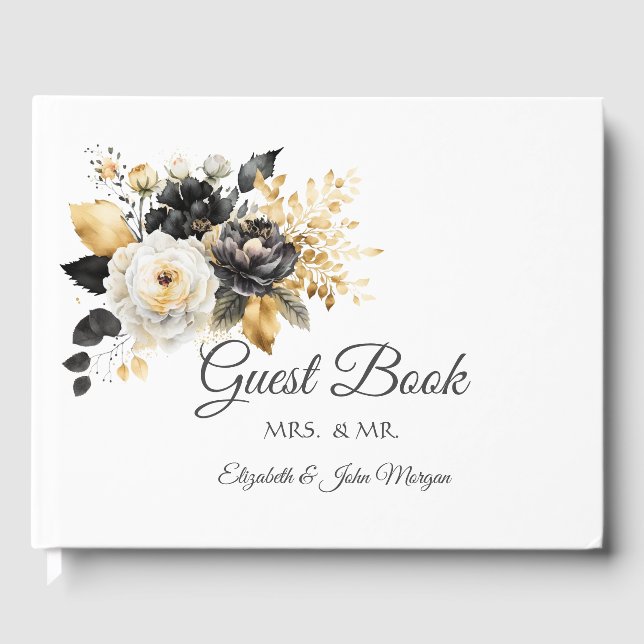 Gold Black White Flowers Guest Book (Front)