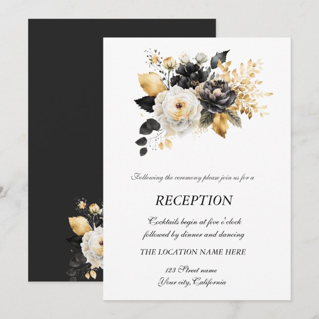 Gold Black White Flowers Invitation (Front/Back)