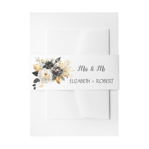 Gold Black White Flowers Invitation Belly Band
