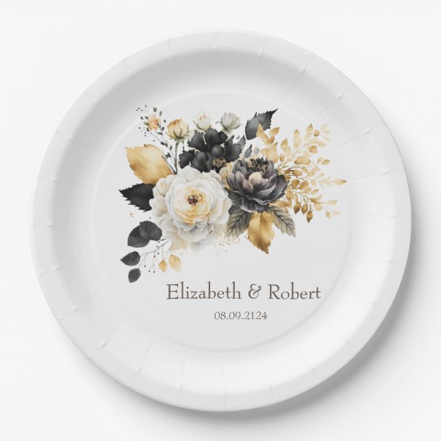 Gold Black White Flowers Paper Plates (Front)