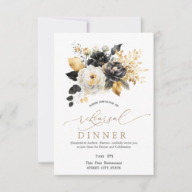 Gold Black White Flowers Rehearsal Dinner   Invitation (Front)