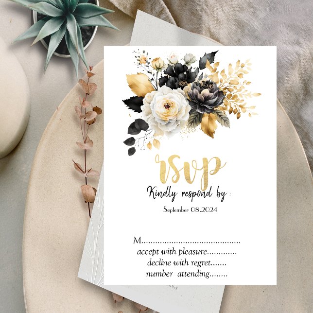Gold Black White Flowers RSVP   Invitation (Creator Uploaded)