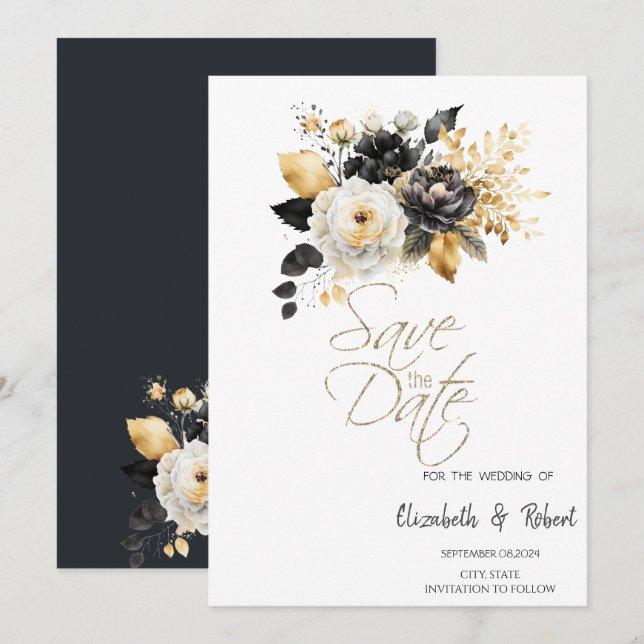 Gold Black White Flowers Save The Date (Front/Back)