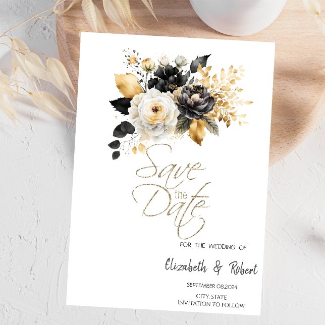 Gold Black White Flowers Save The Date (Creator Uploaded)