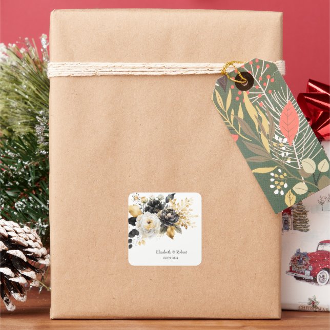 Gold Black White Flowers Square Sticker (Holiday)