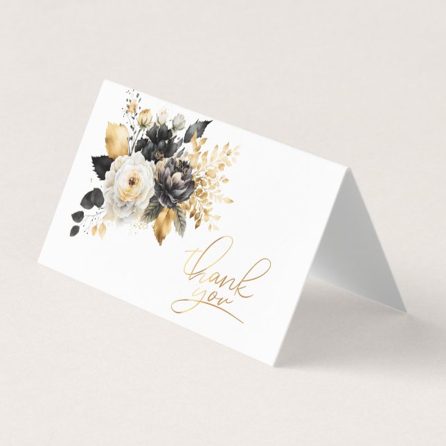 Gold Black White Flowers Thank You Card (Front)