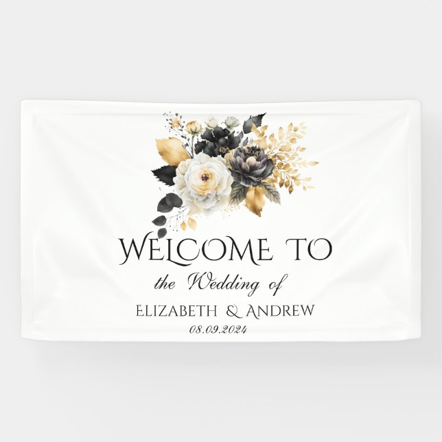 Gold Black White Flowers Wedding  Banner (Horizontal)
