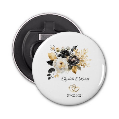 Gold Black White Flowers Wedding Bottle Opener