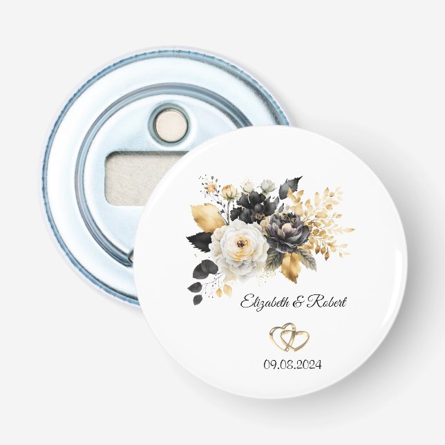 Gold Black White Flowers Wedding Bottle Opener (Front)