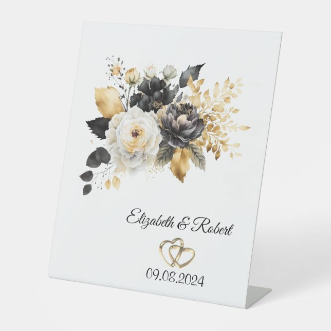Gold Black White Flowers Wedding  Pedestal Sign (Front)