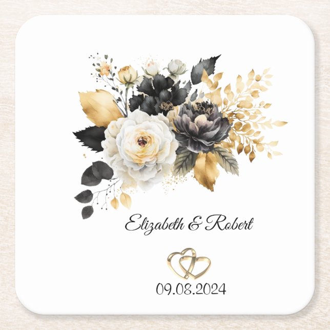 Gold Black White Flowers Wedding  Square Paper Coaster (Front)