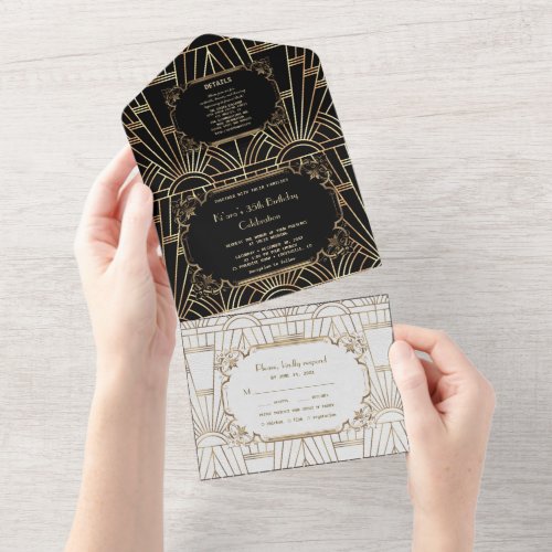 Gold Black White Great Gatsby Art Deco Birthday  All In One Invitation